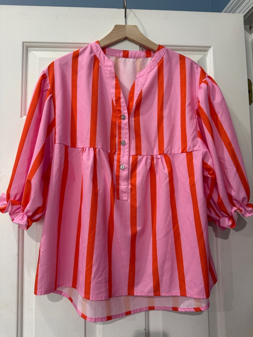 Women's Pink and Red Striped Peplum Button-Front Blouse